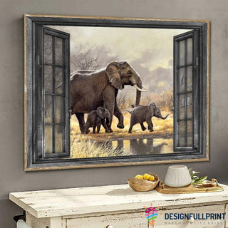 Gift For Elephant Lover African Elephant 3D Window Wildlife Three Elephants Poster HG