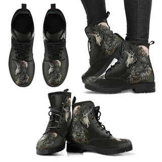 New Comfortable Lace Up Leather Boots Unicorn Skull 003