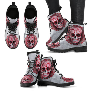 Red Skull Women's Leather Boots - designfullprint