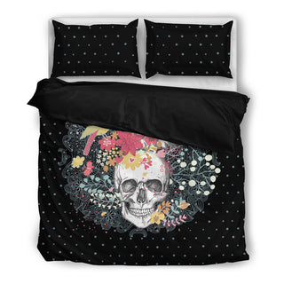Flowers and Skulls Black Bedding Set