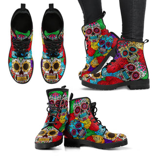 Rainbow Skull Floral Pattern Women's Leather Boots - designfullprint