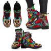 Rainbow Skull Floral Pattern Women's Leather Boots - designfullprint
