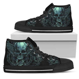 Black Skull Lightweight High Top Canvas Shoes - designfullprint
