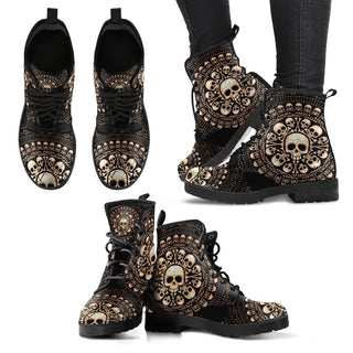 Skulls Bones Women's Leather Boots - Black - designfullprint