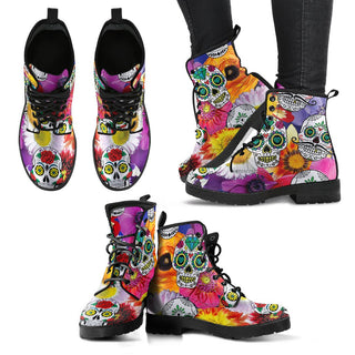 Colorful Skull Women's Leather Boots - designfullprint
