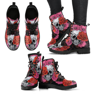 Roses and Skull Women's Leather Boots - designfullprint