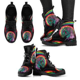 New Comfortable Lace Up Leather Boots Unicorn Skull 002 (Women Size) - designfullprint
