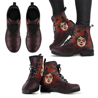 Mexican Skull Girl Women's Leather Boots - designfullprint