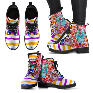 Colorful Skulls With Strips Women's Leather Boots - designfullprint