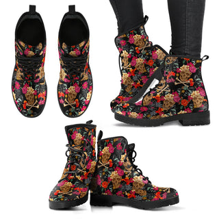 Skull & Bones Floral Women's Leather Boots - designfullprint