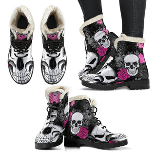 Pink Rose Skull Faux Fur Leather Boots