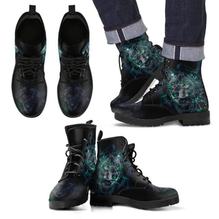 New Comfortable Lace Up Leather Boots- Wolf and Green Light 002 - designfullprint