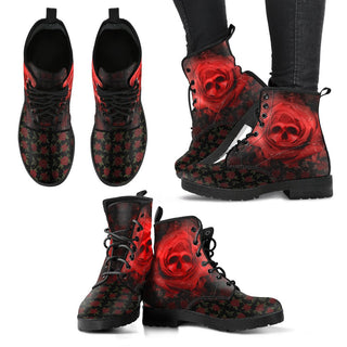 Rose Skull Women's Leather Boots - designfullprint