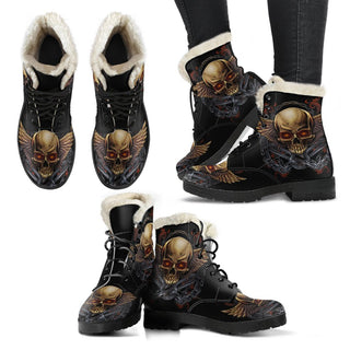 Gold Skull Chain Faux Fur Leather Boot