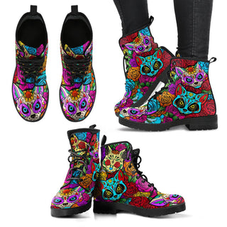 Skull Cat Women's Leather Boots - designfullprint