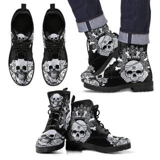 New Comfortable Lace Up Leather Skull Boots 005