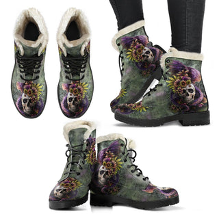 Skull and Dragon Faux Fur Leather Boots