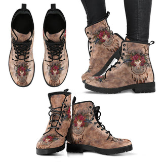 Deer Skull New Comfortable Lace Up Leather Boots 001 - designfullprint