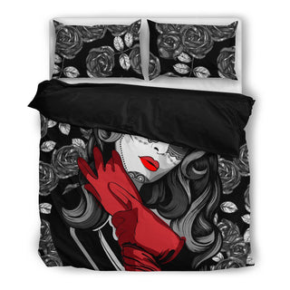Black Roses and Skull Girl Bedding Set