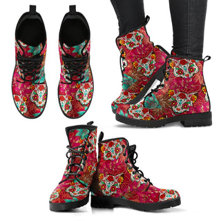 Sugar Skulls Cat Women's Leather Boots - designfullprint