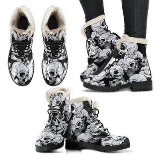 Black and White Floral Skull Faux Fur Leather Boots