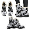 Black and White Floral Skull Faux Fur Leather Boots