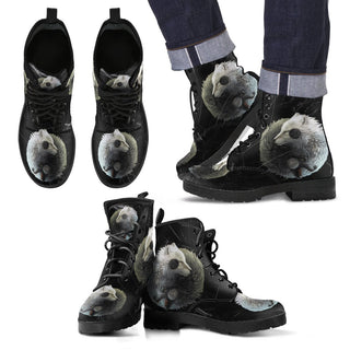 New Comfortable Lace Up Leather Boots- Black&White Couple Wolf 001 - designfullprint