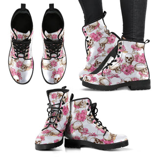 Skull With Pink Flowers Women's Leather Boots - designfullprint