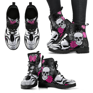 Full Skull New Comfortable Lace Up Leather Boots 023 - Pink - designfullprint