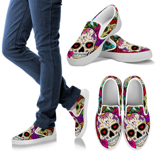 Sugar Skull Men's Slip Ons (White)