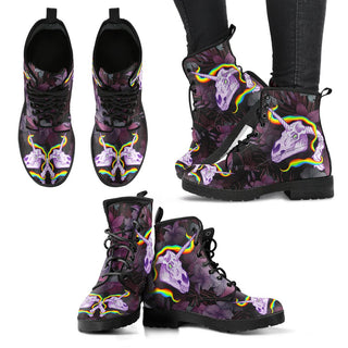 New Comfortable Lace Up Leather Boots Unicorn Skull 001 - designfullprint