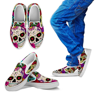 Sugar Skull Kid's Slip Ons (White)
