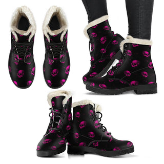Pink Skull Faux Fur Leather Boots