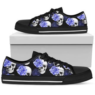 Skull Low Top Canvas Shoes 07 Women, Black/White - designfullprint