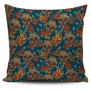 Green Roses Skull Pillow Cover
