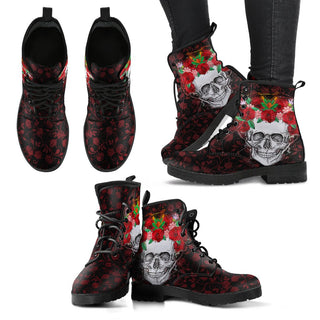 Skull With Roses Women's Leather Boots - designfullprint