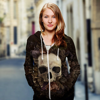 3D Skull and Decaying Flower Unisex Zip Up Hoodie 016 - designfullprint