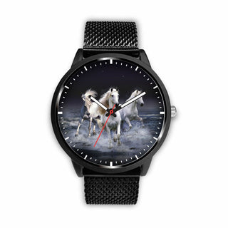 3D White Horses Running In The Sea Watch - Stainless Steel Back With Leather/ Stainless Steel Band 003 - designfullprint