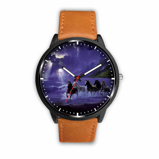 Awesome 3D Horses Galloping Along The Sea Watch - Stainless Steel Back With Leather/ Stainless Steel Band 004 - designfullprint