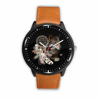 3D Wolf and Dream-catcher Watch - Stainless steel back with leather/ stainless steel band 001 - designfullprint