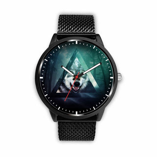 3D Wolf Watch - Stainless steel back with leather/ stainless steel band 002 - designfullprint