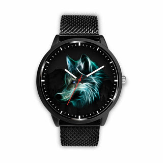 3D Neon Wolf Watch - Stainless steel back with leather/ stainless steel band 005 - designfullprint