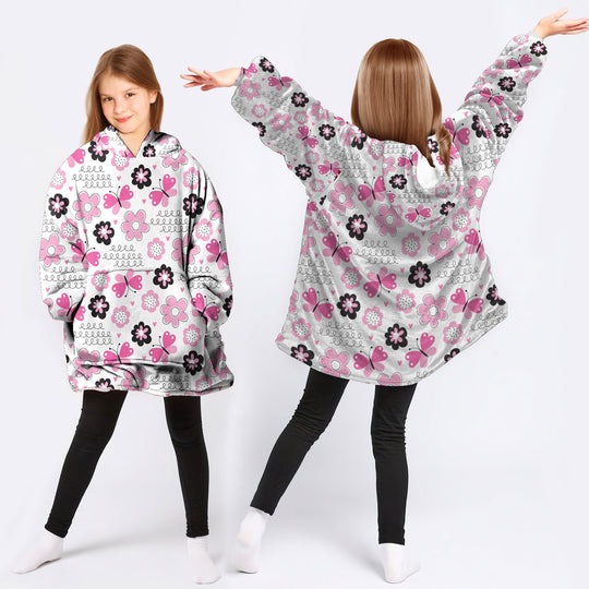 Gifts for Girls Pink Flowers And Butterflies Wearable Blanket Kid Snug Hoodie