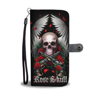 Awesome Cell Phone Wallet Case for Universal Models - Rose and Skull - designfullprint