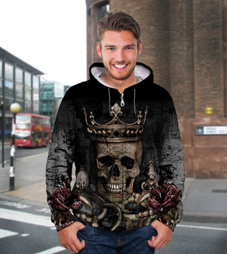 3D King Skull Cobra and Roses Unisex Zip Up Hoodie 015 - designfullprint