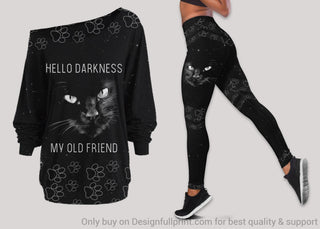 Hello Darkness My Old Friend Black Cat Off Shoulder Long Sleeve Top and Leggings Set