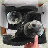 New Comfortable Lace Up Leather Boots- Black&White Couple Wolf 001 - designfullprint