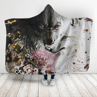 Black and White Wolf Super Soft Hooded Blanket - designfullprint