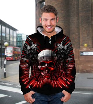 3D Skull and Gun Unisex Zip Up Hoodie 015 - designfullprint