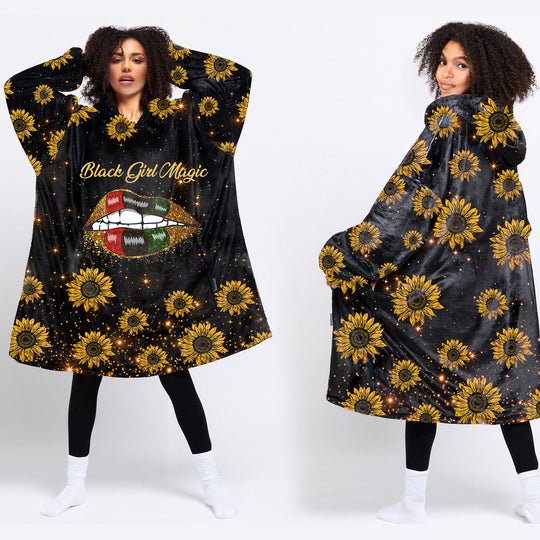Black American Gift Black Pride Sunflowers Black Girl Magic Wearable Blanket Snug Hoodie For Teens And Adults